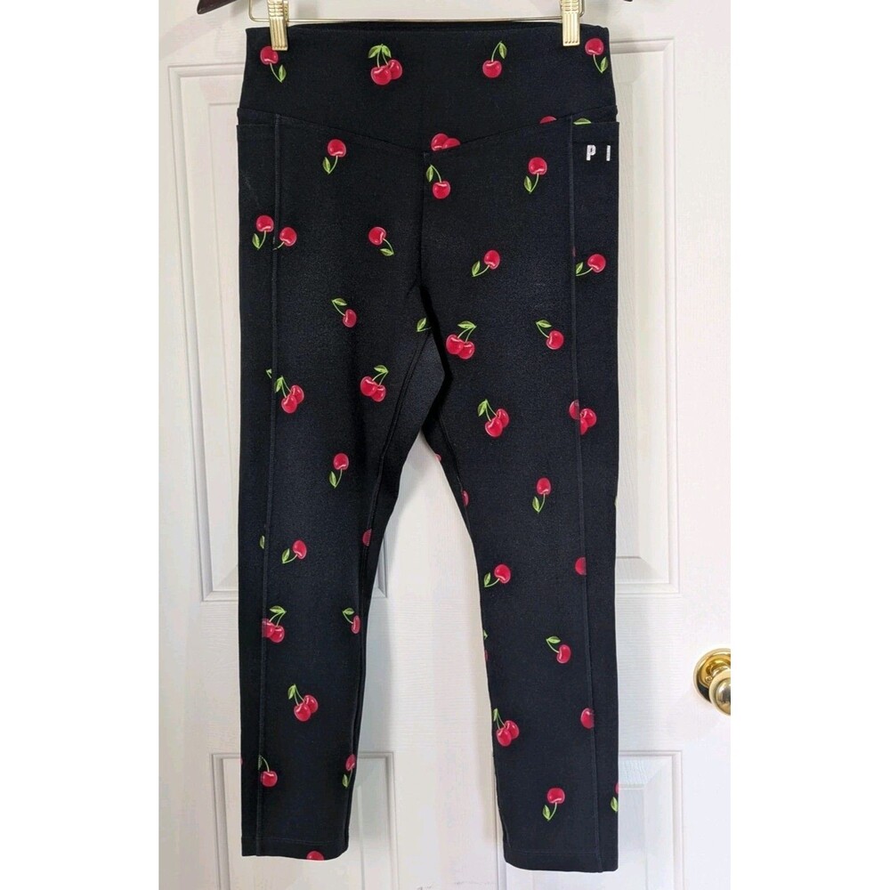 PINK Victorias Secret Leggings Large Black Cherries High Rise Ankle Logo Yoga